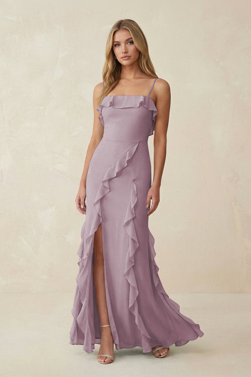Ruffled Cami Strap Chiffon Sheath Bridesmaid Dress in Dusk - SHE IS ME Bridesmaid Dresses