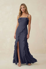 Ruffled Cami Strap Chiffon Sheath Bridesmaid Dress in Dusk Blue - KISS BRIDAL Bridesmaid Dresses