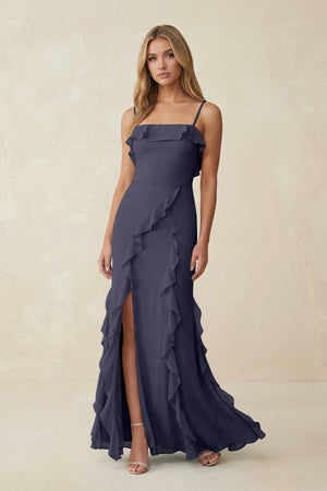 Ruffled Cami Strap Chiffon Sheath Bridesmaid Dress in Dusk Blue - SHE IS ME Bridesmaid Dresses