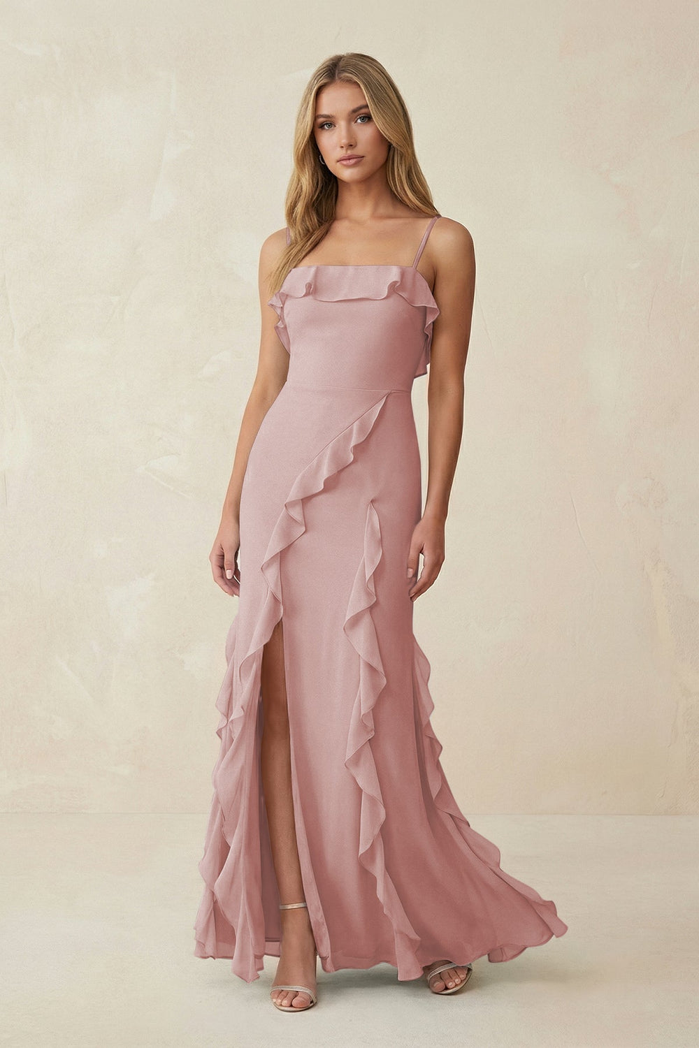 Ruffled Cami Strap Chiffon Sheath Bridesmaid Dress in Dusty Rose - KISS BRIDAL Bridesmaid Dresses