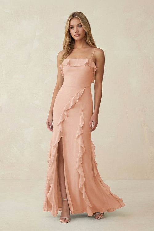 Ruffled Cami Strap Chiffon Sheath Bridesmaid Dress in English Rose - SHE IS ME Bridesmaid Dresses