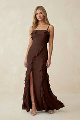 Ruffled Cami Strap Chiffon Sheath Bridesmaid Dress in Espresso - KISS BRIDAL Bridesmaid Dresses