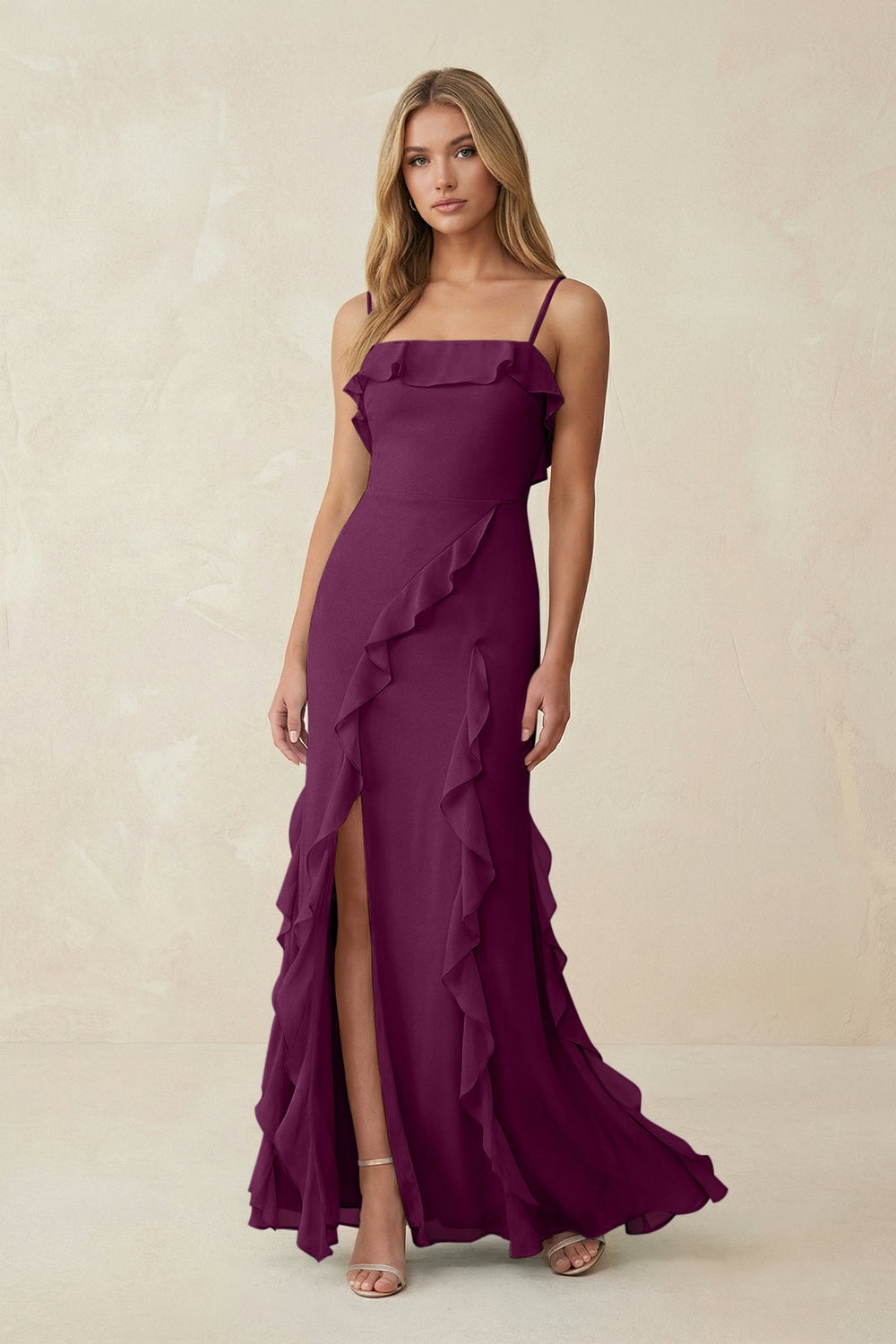 Ruffled Cami Strap Chiffon Sheath Bridesmaid Dress in Fig - KISS BRIDAL Bridesmaid Dresses