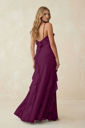 Ruffled Cami Strap Chiffon Sheath Bridesmaid Dress in Fig - SHE IS ME Bridesmaid Dresses