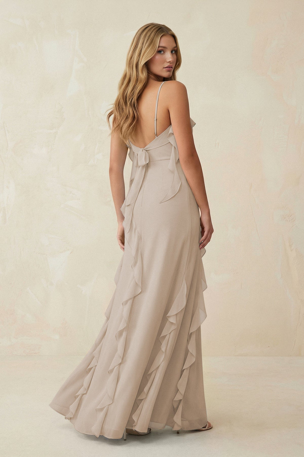 Ruffled Cami Strap Chiffon Sheath Bridesmaid Dress in Frost - KISS BRIDAL Bridesmaid Dresses