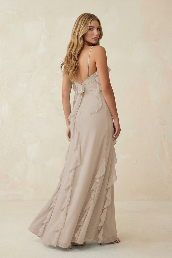 Ruffled Cami Strap Chiffon Sheath Bridesmaid Dress in Frost - SHE IS ME Bridesmaid Dresses