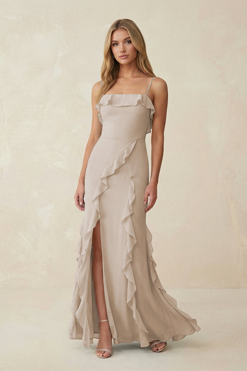 Ruffled Cami Strap Chiffon Sheath Bridesmaid Dress in Frost - SHE IS ME Bridesmaid Dresses