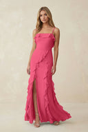 Ruffled Cami Strap Chiffon Sheath Bridesmaid Dress in Fuchsia - SHE IS ME Bridesmaid Dresses