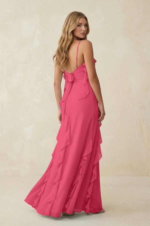 Ruffled Cami Strap Chiffon Sheath Bridesmaid Dress in Fuchsia - SHE IS ME Bridesmaid Dresses
