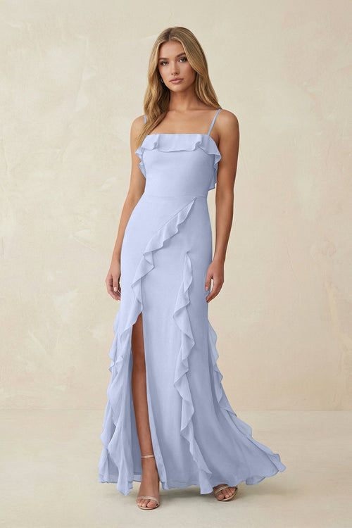 Ruffled Cami Strap Chiffon Sheath Bridesmaid Dress in Ice - SHE IS ME Bridesmaid Dresses