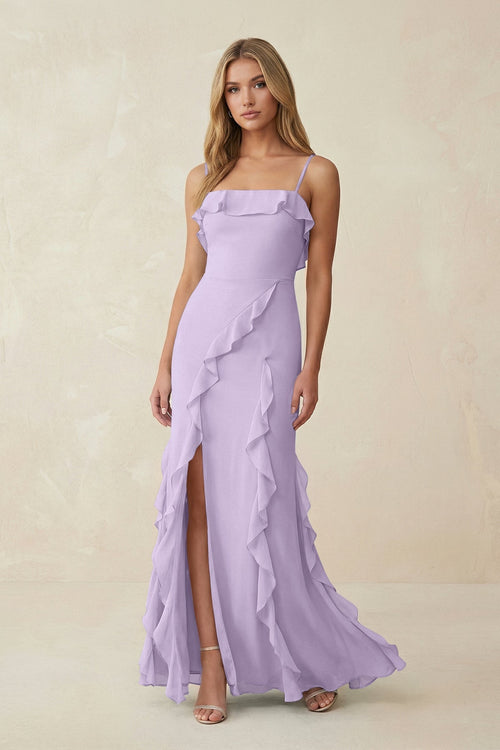 Ruffled Cami Strap Chiffon Sheath Bridesmaid Dress in Lavender - SHE IS ME Bridesmaid Dresses