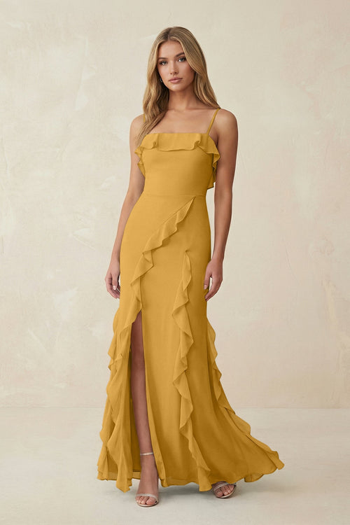 Ruffled Cami Strap Chiffon Sheath Bridesmaid Dress in Marigold - SHE IS ME Bridesmaid Dresses