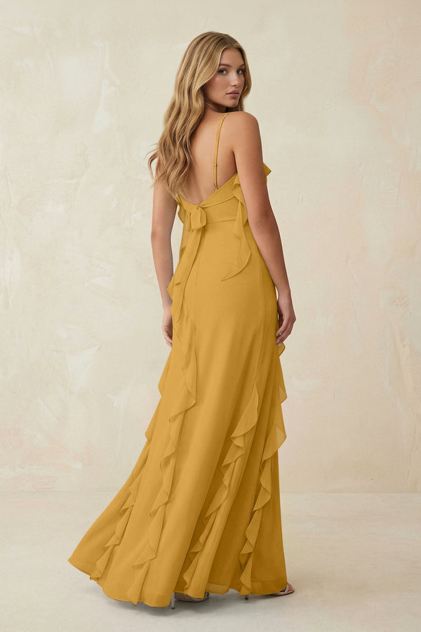 Ruffled Cami Strap Chiffon Sheath Bridesmaid Dress in Marigold - SHE IS ME Bridesmaid Dresses