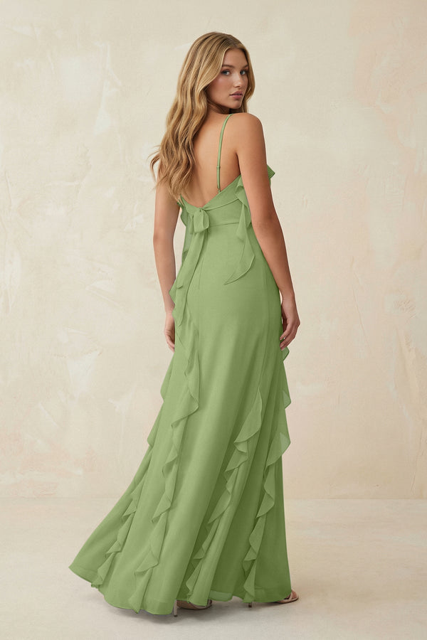 Ruffled Cami Strap Chiffon Sheath Bridesmaid Dress in Matcha - SHE IS ME Bridesmaid Dresses