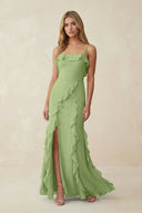 Ruffled Cami Strap Chiffon Sheath Bridesmaid Dress in Matcha - SHE IS ME Bridesmaid Dresses
