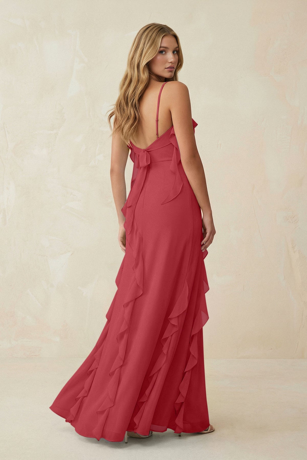 Ruffled Cami Strap Chiffon Sheath Bridesmaid Dress in Merlot - KISS BRIDAL Bridesmaid Dresses