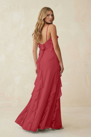 Ruffled Cami Strap Chiffon Sheath Bridesmaid Dress in Merlot - SHE IS ME Bridesmaid Dresses