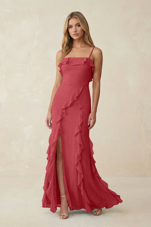 Ruffled Cami Strap Chiffon Sheath Bridesmaid Dress in Merlot - SHE IS ME Bridesmaid Dresses