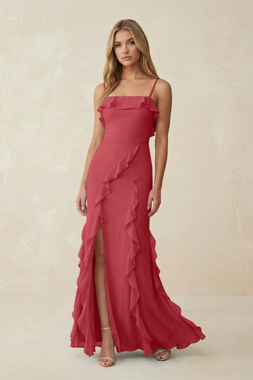 Ruffled Cami Strap Chiffon Sheath Bridesmaid Dress in Merlot - SHE IS ME Bridesmaid Dresses