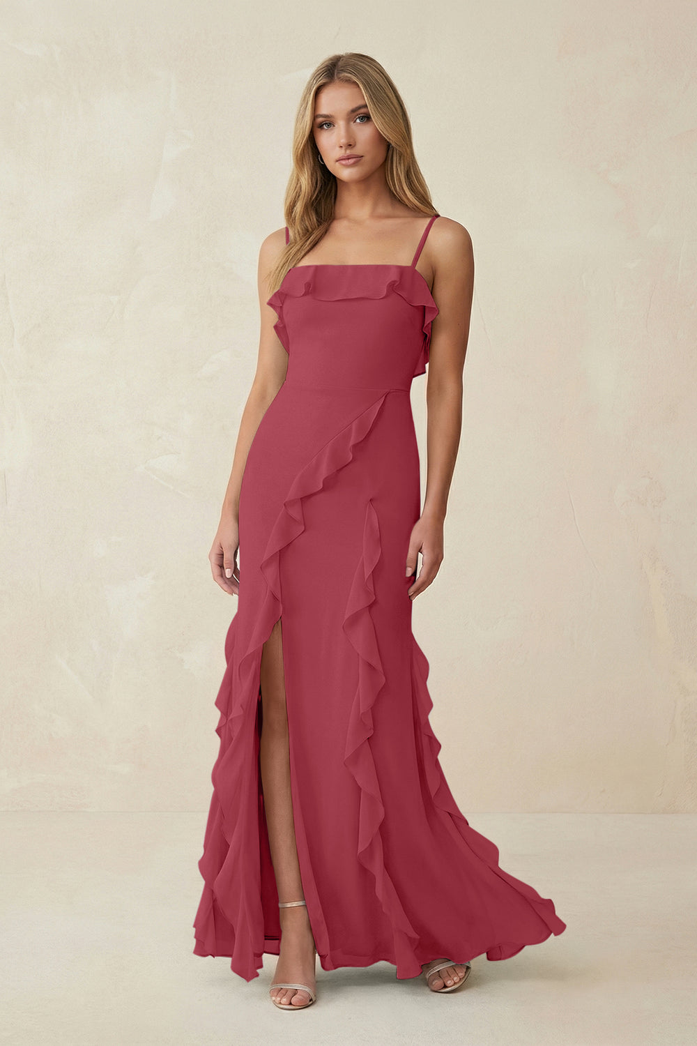 Ruffled Cami Strap Chiffon Sheath Bridesmaid Dress in Merlot