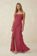 Ruffled Cami Strap Chiffon Sheath Bridesmaid Dress in Merlot - KISS BRIDAL Bridesmaid Dresses