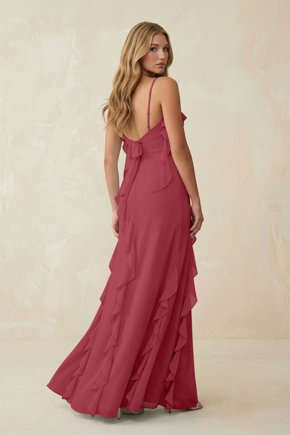 Ruffled Cami Strap Chiffon Sheath Bridesmaid Dress in Merlot