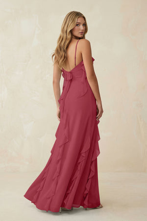 Ruffled Cami Strap Chiffon Sheath Bridesmaid Dress in Merlot - KISS BRIDAL Bridesmaid Dresses
