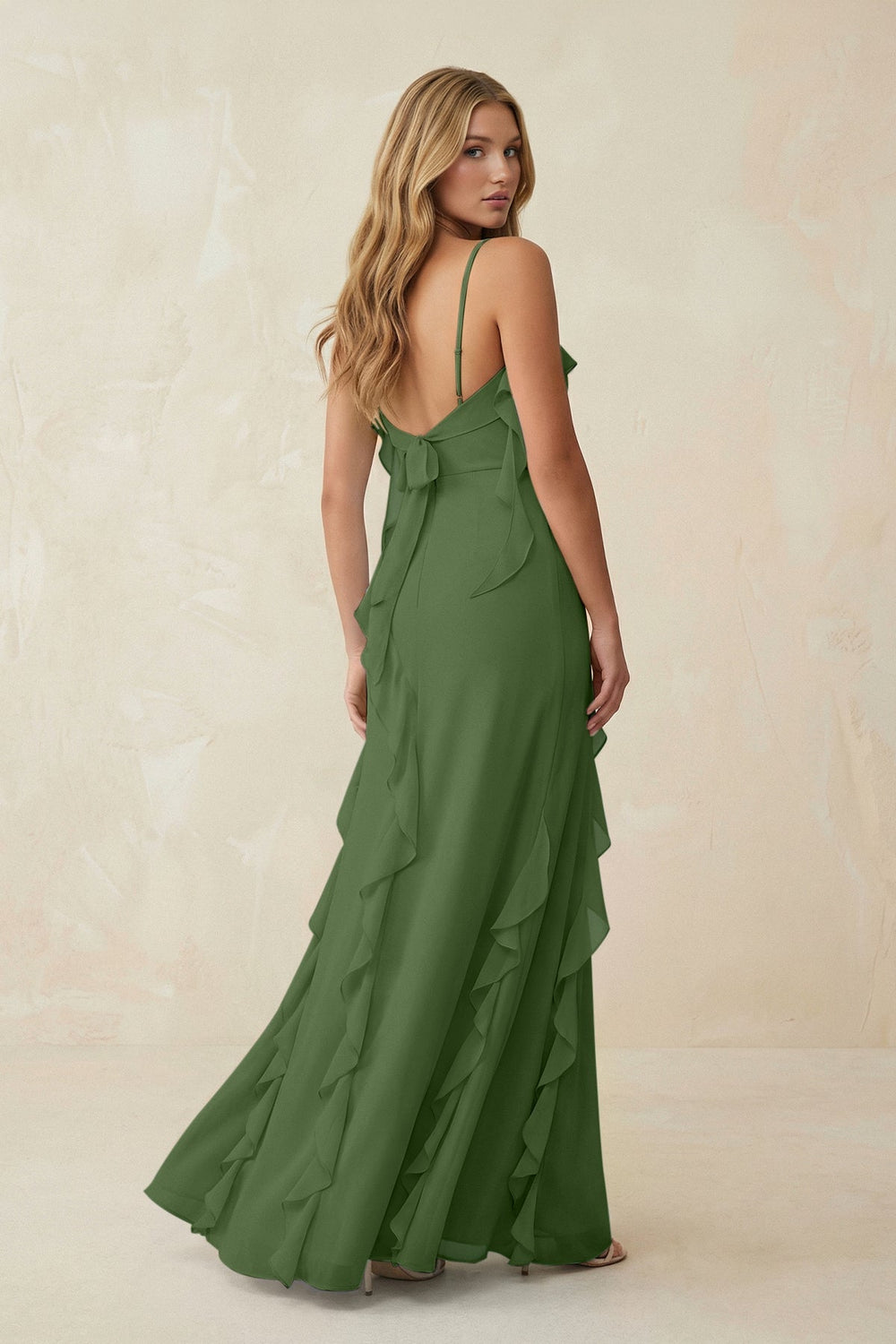 Ruffled Cami Strap Chiffon Sheath Bridesmaid Dress in Moss - KISS BRIDAL Bridesmaid Dresses