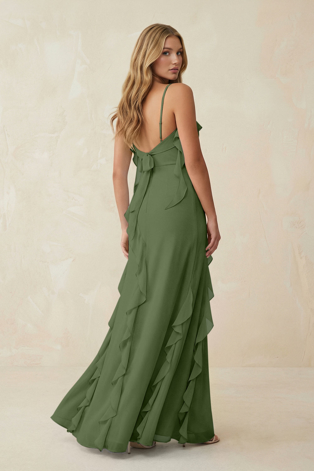 Ruffled Cami Strap Chiffon Sheath Bridesmaid Dress in Moss