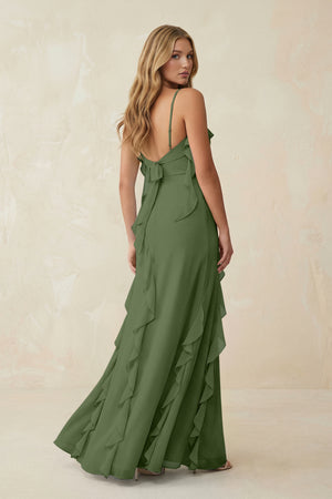 Ruffled Cami Strap Chiffon Sheath Bridesmaid Dress in Moss (2) | KISSBRIDAL