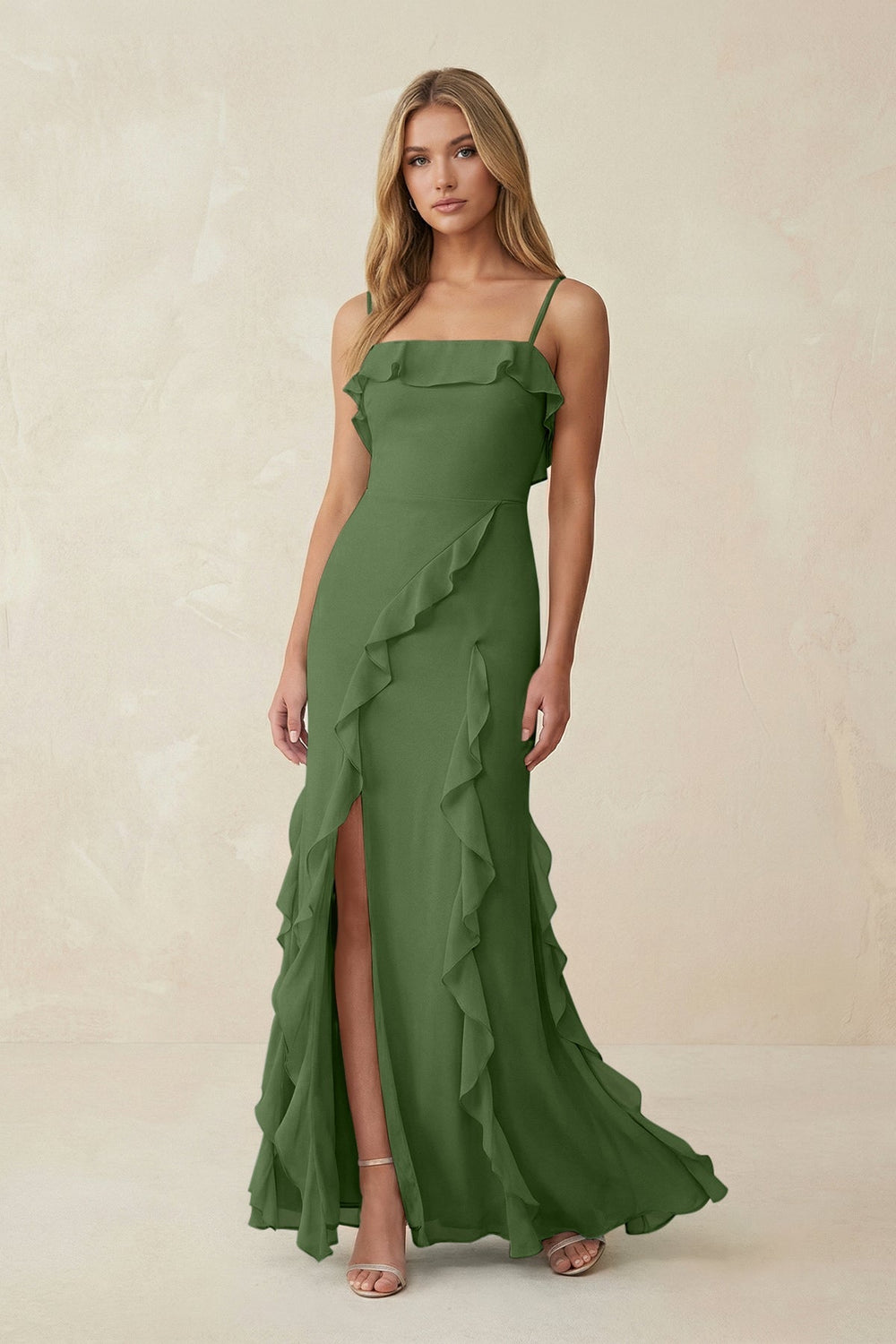 Ruffled Cami Strap Chiffon Sheath Bridesmaid Dress in Moss - KISS BRIDAL Bridesmaid Dresses
