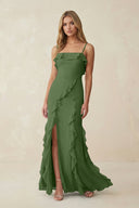 Ruffled Cami Strap Chiffon Sheath Bridesmaid Dress in Moss - SHE IS ME Bridesmaid Dresses