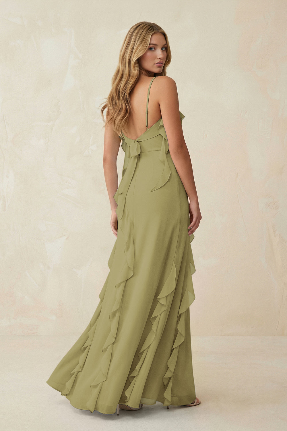 Ruffled Cami Strap Chiffon Sheath Bridesmaid Dress in Moss Green