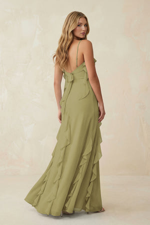 Ruffled Cami Strap Chiffon Sheath Bridesmaid Dress in Moss Green (2) | KISSBRIDAL