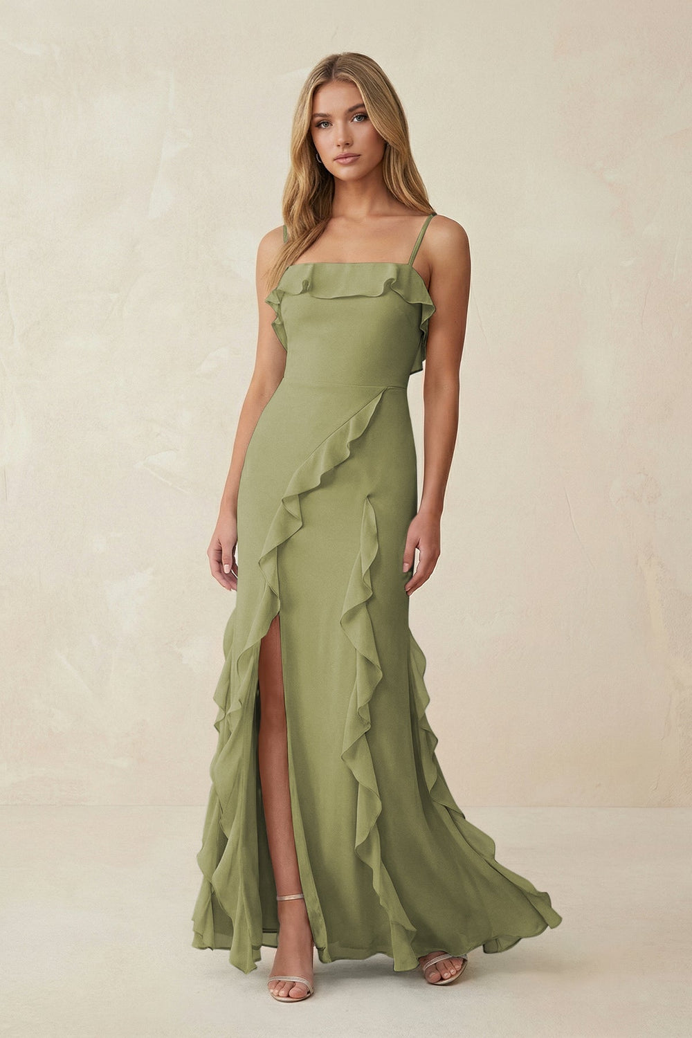 Ruffled Cami Strap Chiffon Sheath Bridesmaid Dress in Moss Green - KISS BRIDAL Bridesmaid Dresses