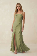 Ruffled Cami Strap Chiffon Sheath Bridesmaid Dress in Moss Green - SHE IS ME Bridesmaid Dresses