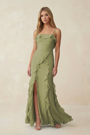 Ruffled Cami Strap Chiffon Sheath Bridesmaid Dress in Moss Green - SHE IS ME Bridesmaid Dresses