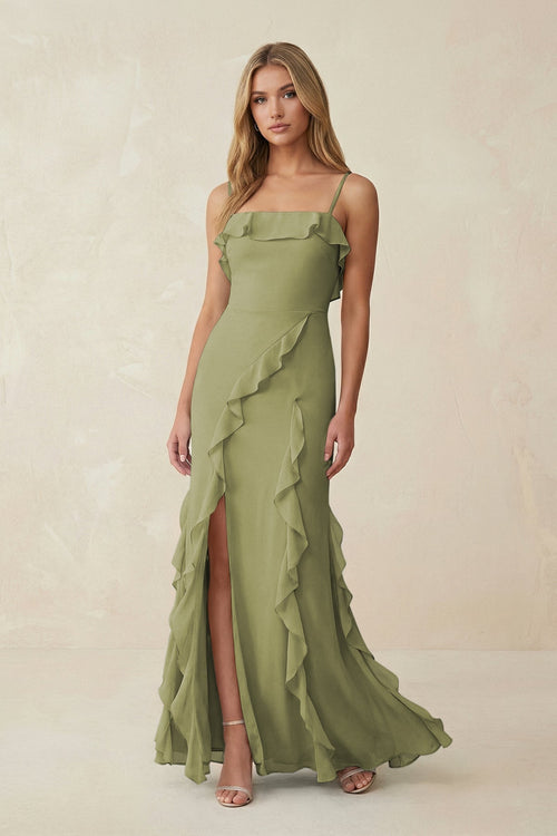 Ruffled Cami Strap Chiffon Sheath Bridesmaid Dress in Moss Green - SHE IS ME Bridesmaid Dresses