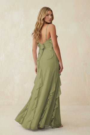 Ruffled Cami Strap Chiffon Sheath Bridesmaid Dress in Moss Green - SHE IS ME Bridesmaid Dresses