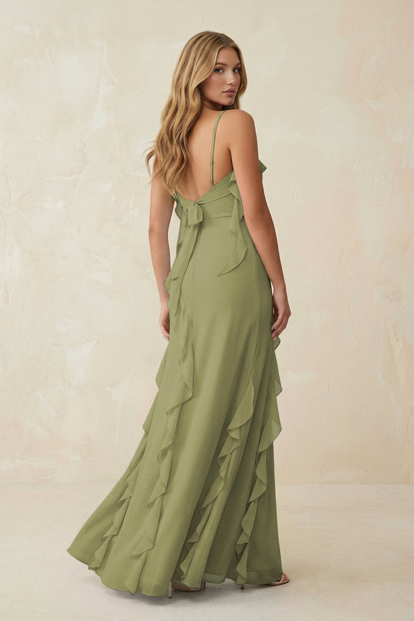 Ruffled Cami Strap Chiffon Sheath Bridesmaid Dress in Moss Green - SHE IS ME Bridesmaid Dresses