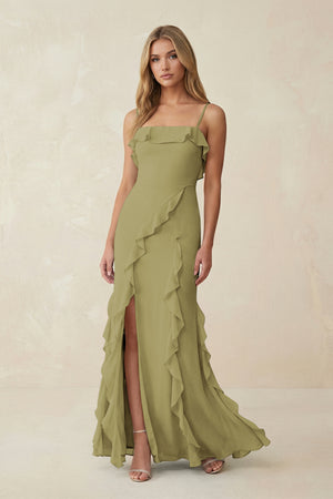 Ruffled Cami Strap Chiffon Sheath Bridesmaid Dress in Moss Green | KISSBRIDAL