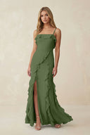 Ruffled Cami Strap Chiffon Sheath Bridesmaid Dress in Moss | KISSBRIDAL