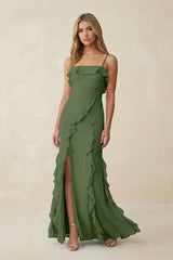 Ruffled Cami Strap Chiffon Sheath Bridesmaid Dress in Moss | KISSBRIDAL