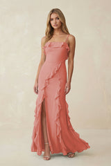 Ruffled Cami Strap Chiffon Sheath Bridesmaid Dress in Mulberry - KISS BRIDAL Bridesmaid Dresses