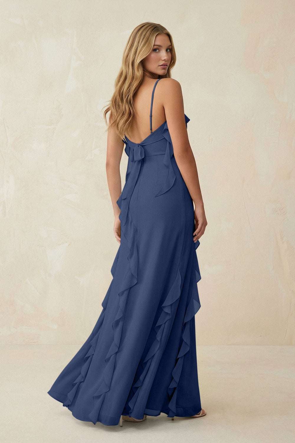 Ruffled Cami Strap Chiffon Sheath Bridesmaid Dress in Navy - KISS BRIDAL Bridesmaid Dresses