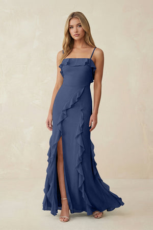 Ruffled Cami Strap Chiffon Sheath Bridesmaid Dress in Navy - SHE IS ME Bridesmaid Dresses
