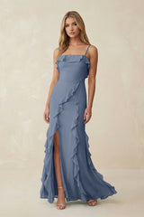 Ruffled Cami Strap Chiffon Sheath Bridesmaid Dress in Neptune - KISS BRIDAL Bridesmaid Dresses
