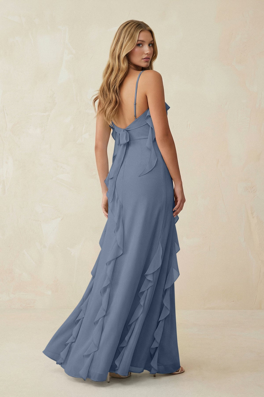 Ruffled Cami Strap Chiffon Sheath Bridesmaid Dress in Neptune - KISS BRIDAL Bridesmaid Dresses