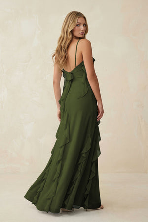 Ruffled Cami Strap Chiffon Sheath Bridesmaid Dress in Olive - SHE IS ME Bridesmaid Dresses