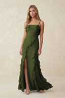 Ruffled Cami Strap Chiffon Sheath Bridesmaid Dress in Olive - SHE IS ME Bridesmaid Dresses